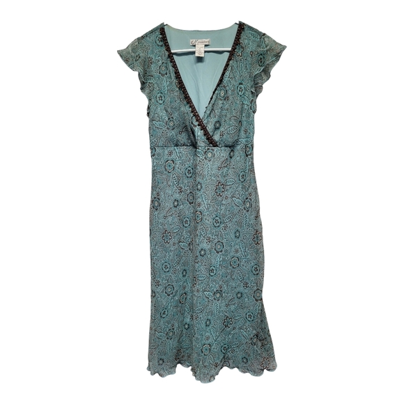 Dressbarn Women's Floral Long Teal Dress with Ruffle Sleeves - Size 10 - Picture 1 of 3